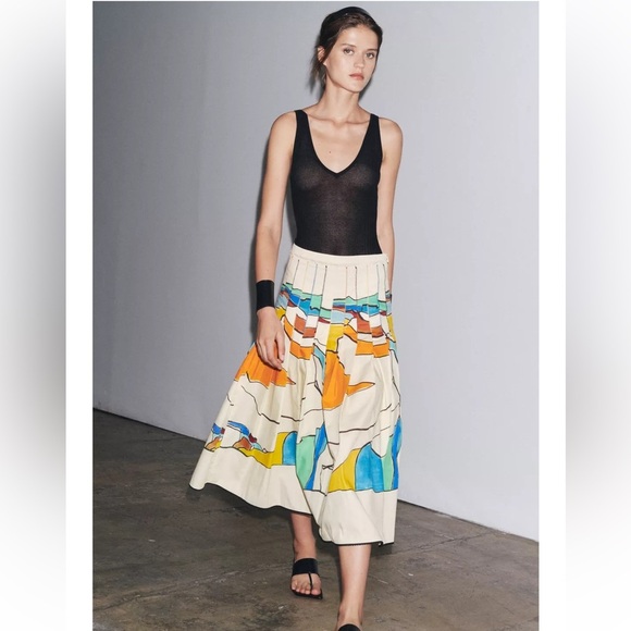 🎨 ZARA ZW Collection Printed Pleated Midi Skirt Colorful Abstract Painting M - Picture 2 of 16